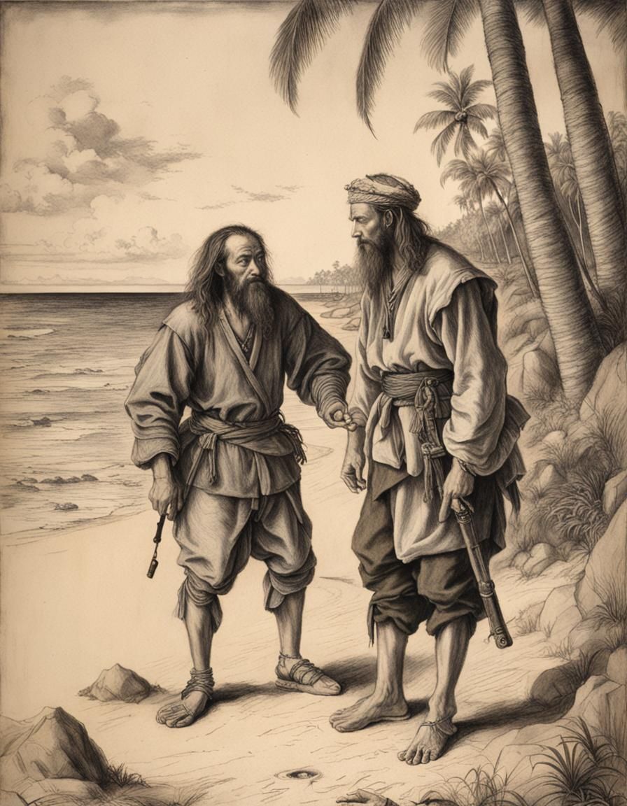 Castaway's Surrender on Tropical Beach in Charcoal Style