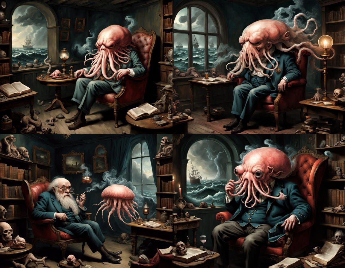 Grotesque Ape-Brain Smoker in Dimly Lit Study