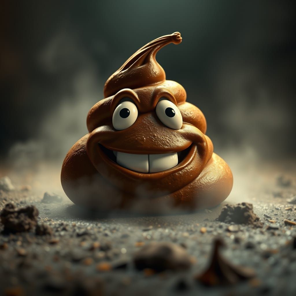 Grinning Poop Emoji in a Grimdark Cinematic Style