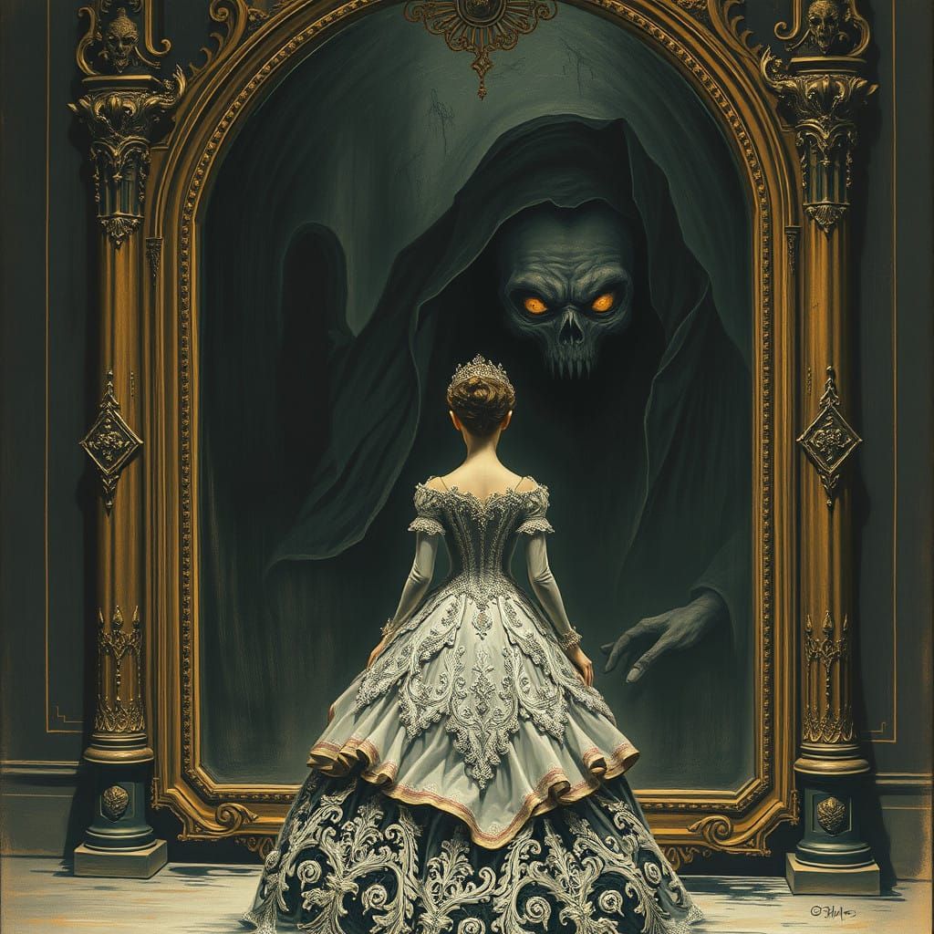 Terrified Princess Confronts Dark Reflection in Ominous Vict...