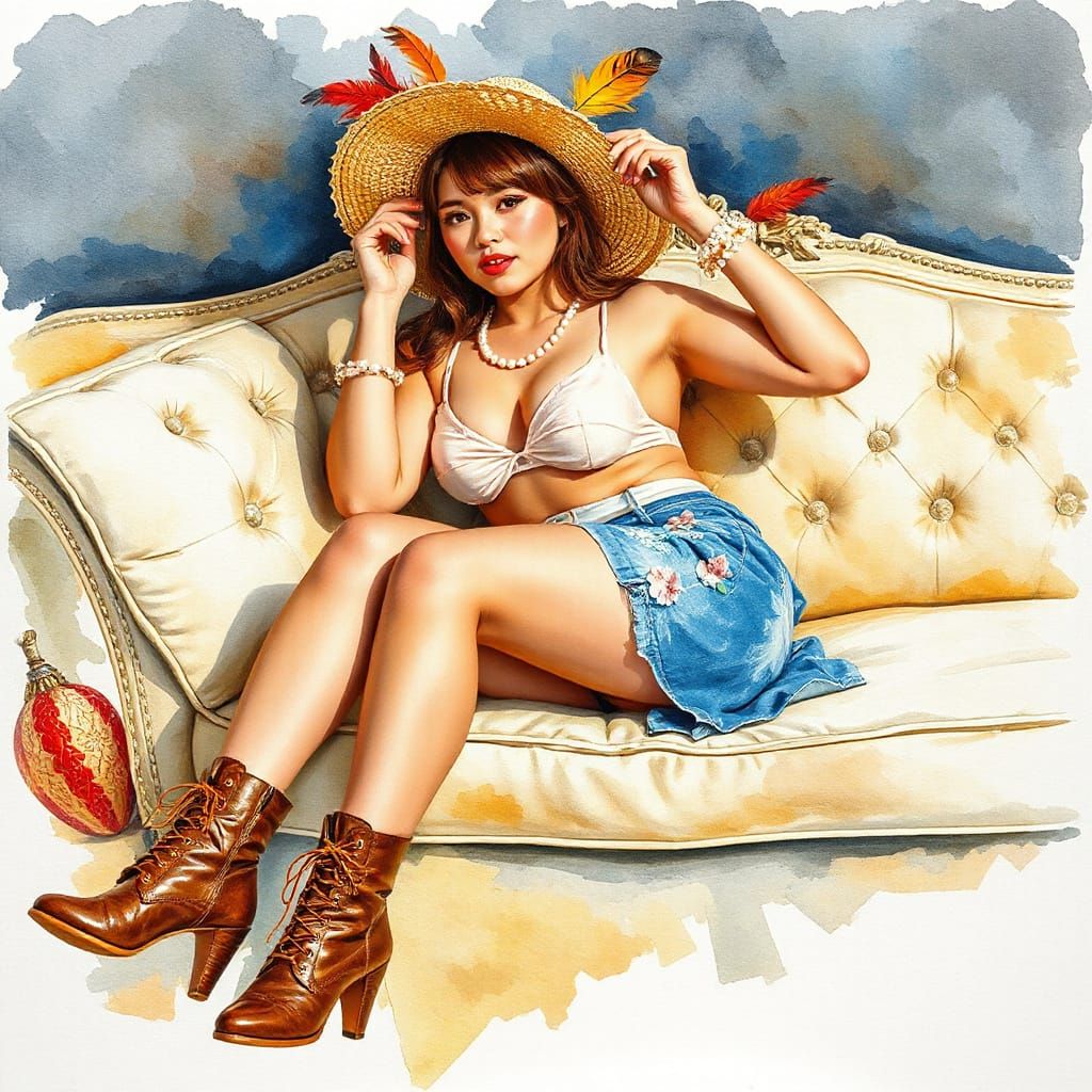 Elegant Lady in Straw Hat: Watercolor Portrait