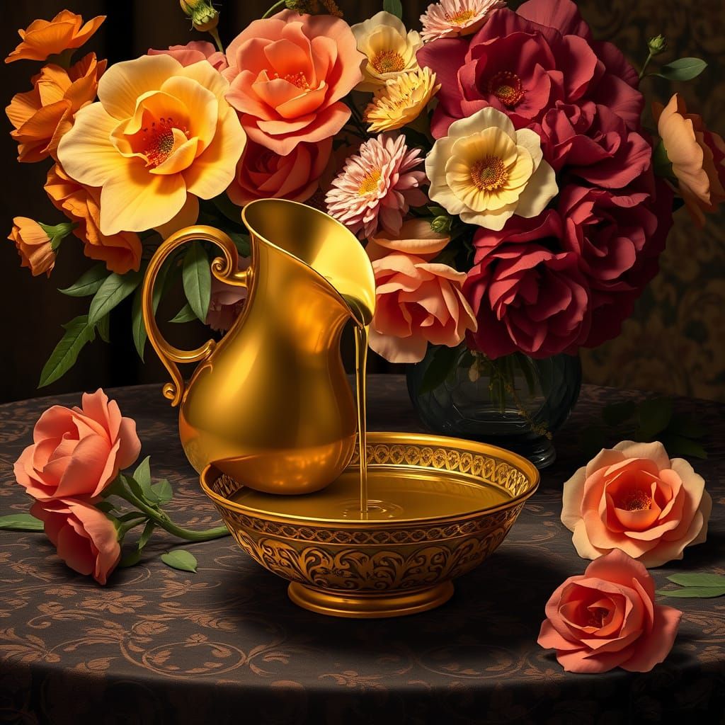 Golden Pitcher with Olive Oil, Art Nouveau Style