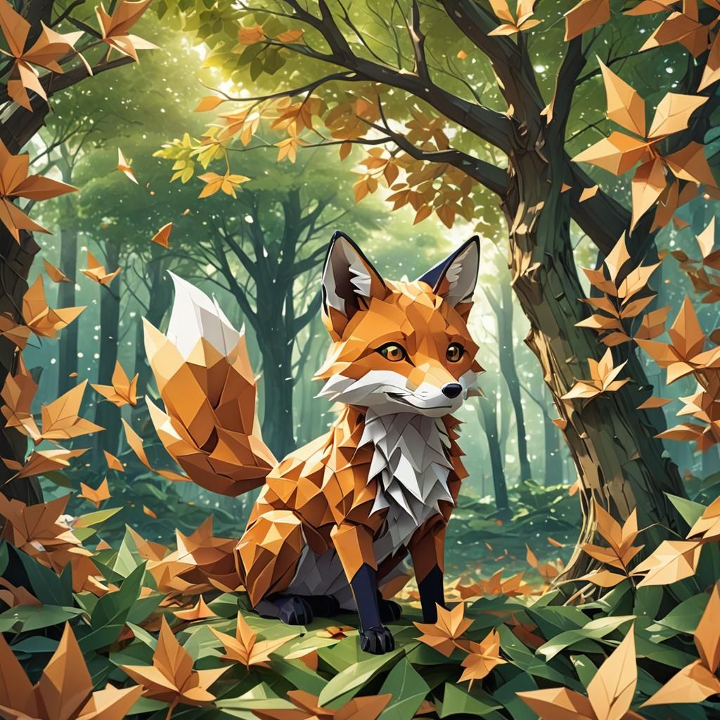 Anime Fox Playing Near Origami Tree in Autumn