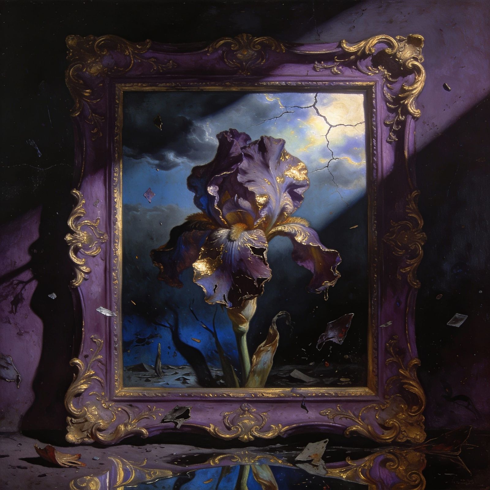 Ornate Frame Holds Melancholy Iris in Baroque Style