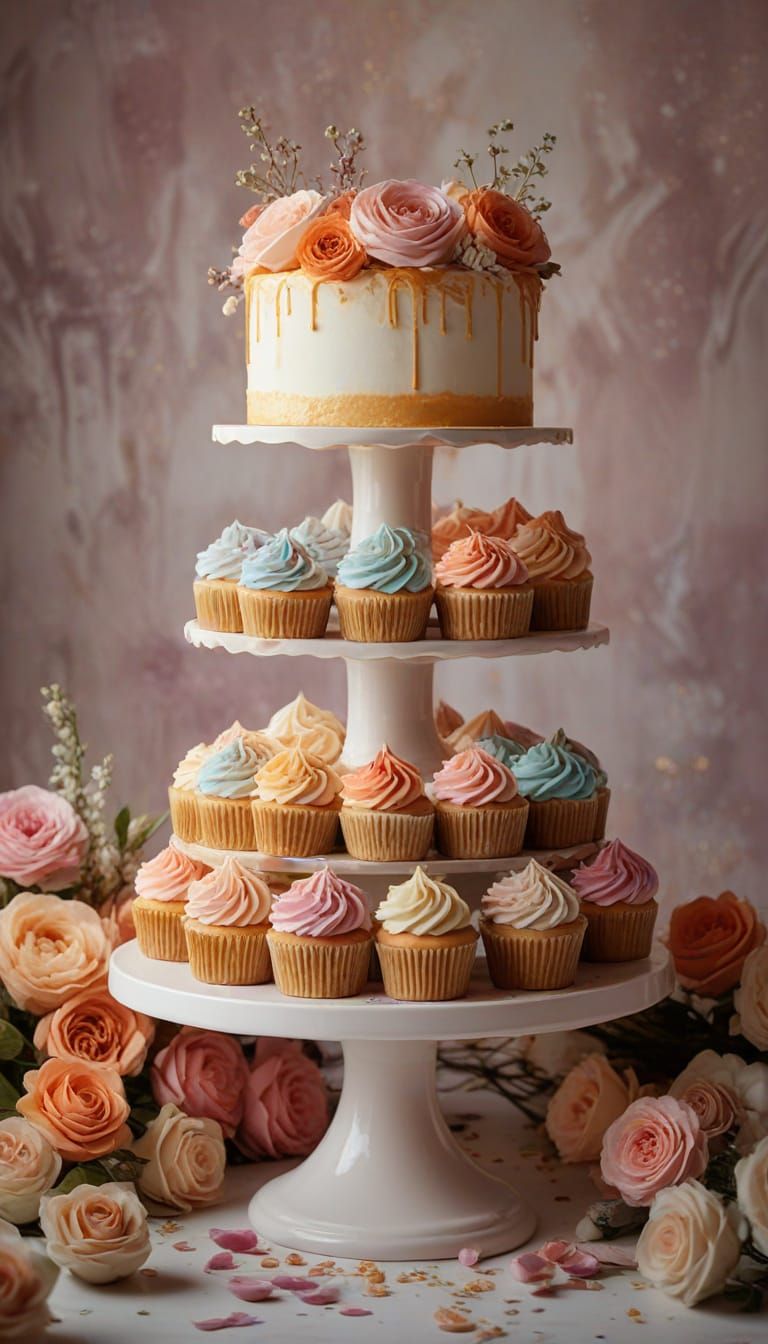 Vibrant Cupcakes and Flowers on Cake Stand