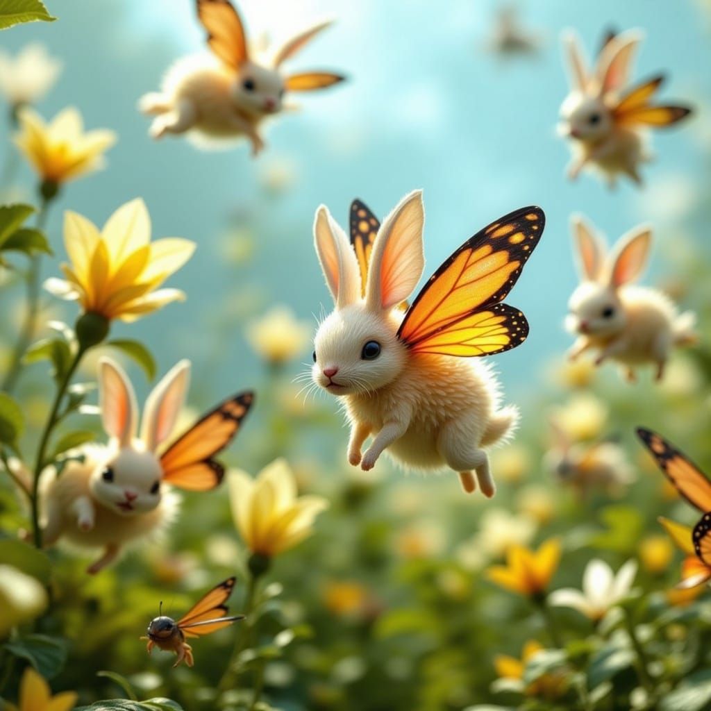 Vibrant BunnyFly Creatures Soar Above a Colorful Meadow