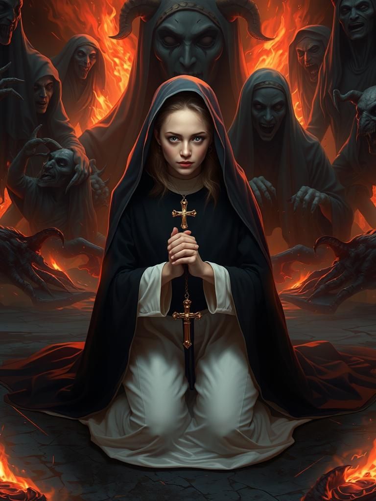 Nun Praying in Gehenna: A Gothic Horror Scene