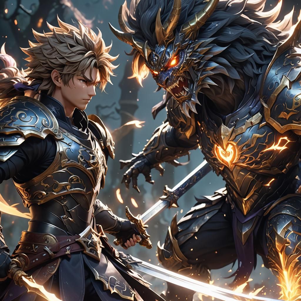 Anime Hero Battles Monster in 3D Digital Art