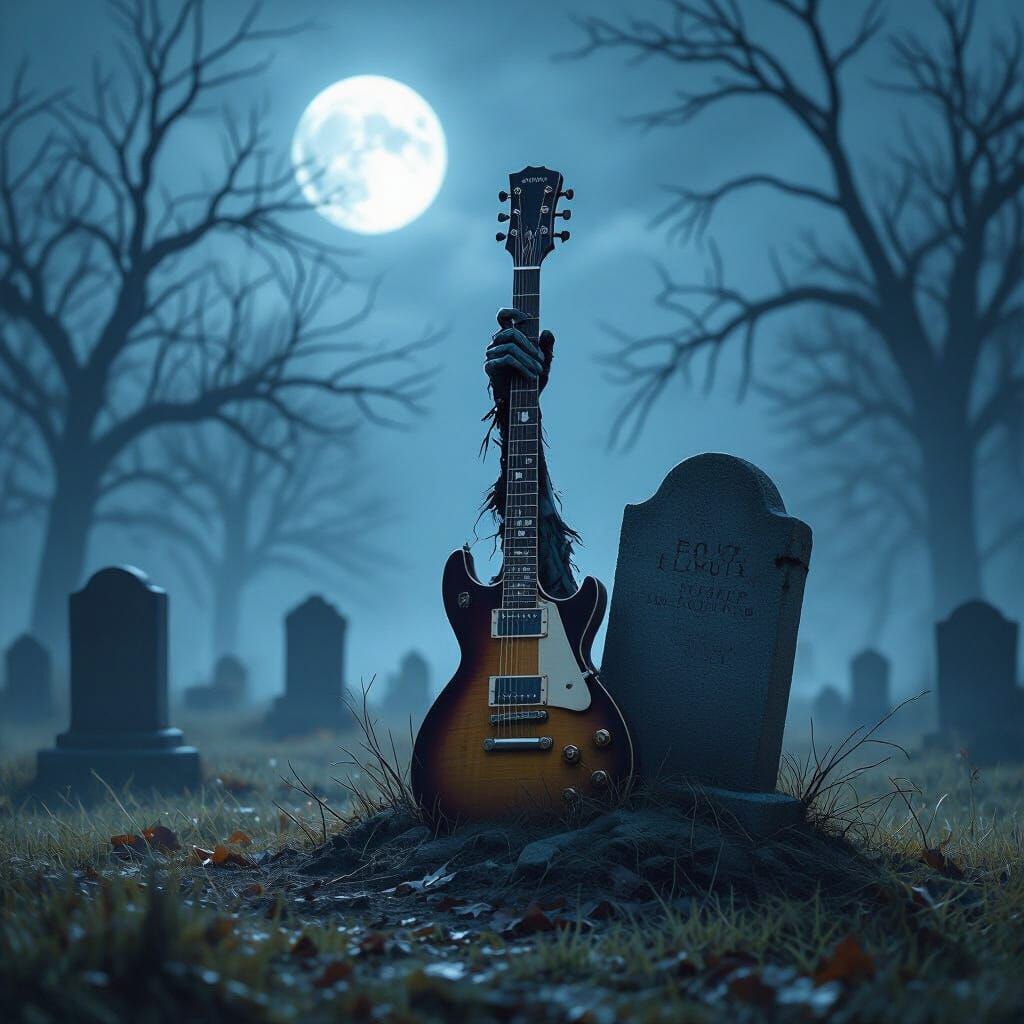 Moonlit Gravestone Guitar: Eerie Cemetery Scene