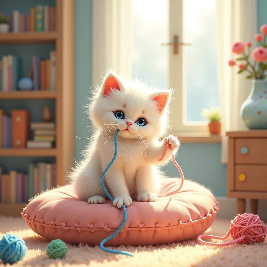 Playful Kitten with Yarn in Impressionist Style