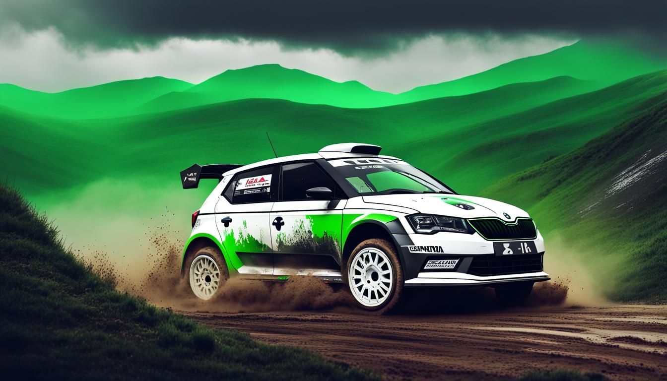 Škoda Fabia R5 Rally Car Jumps Hill in Synthwave Style