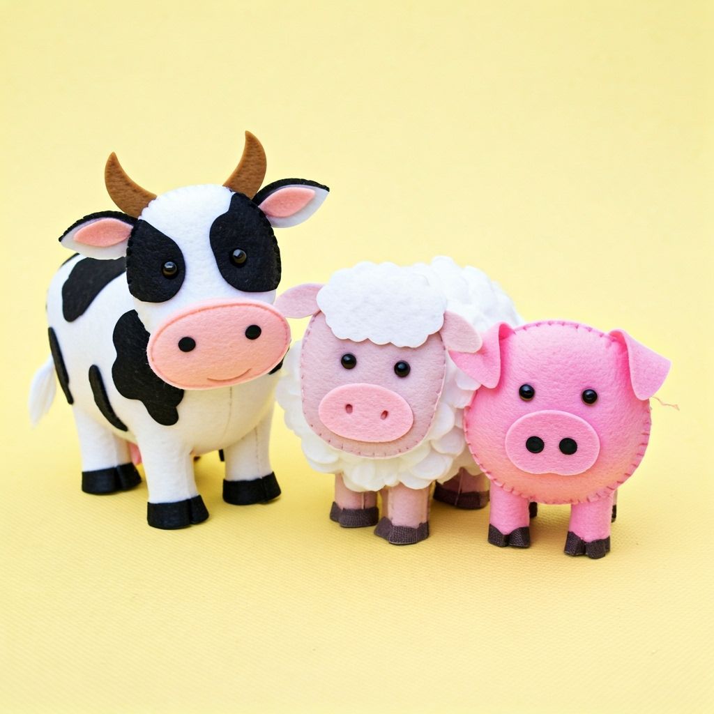 Felt Farm Animals: Cow, Sheep, and Pig