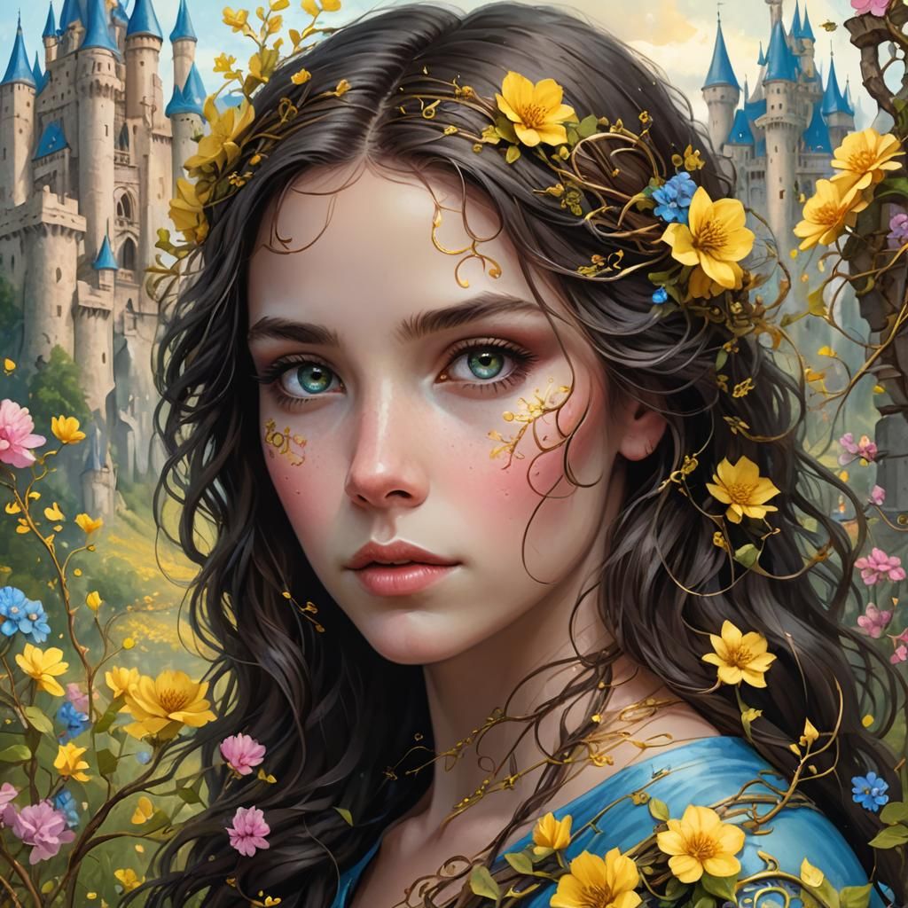 Fantasy Portrait with Flowers and Castle