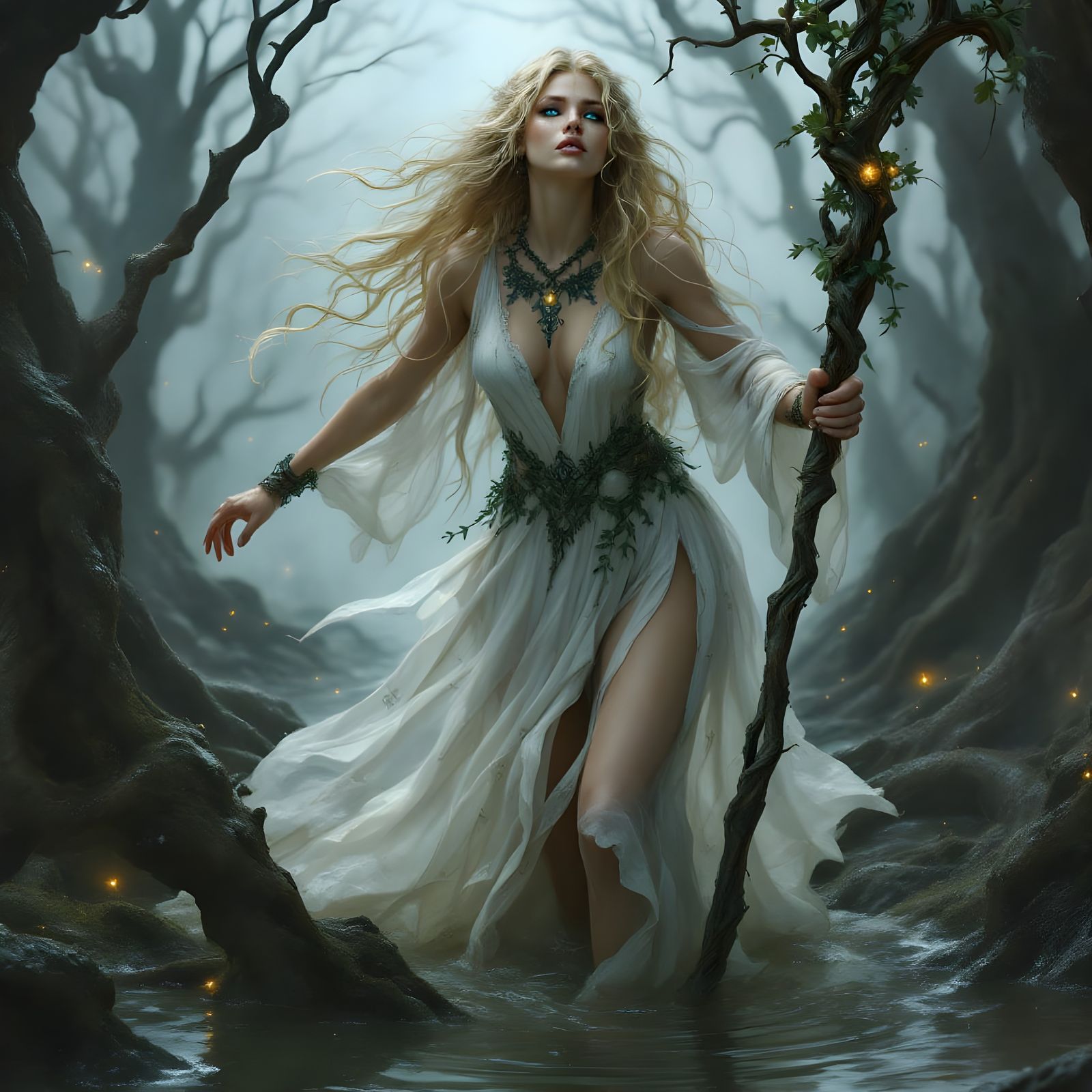 Norse Goddess Struggles through Muddy Bog in Elegant Attire