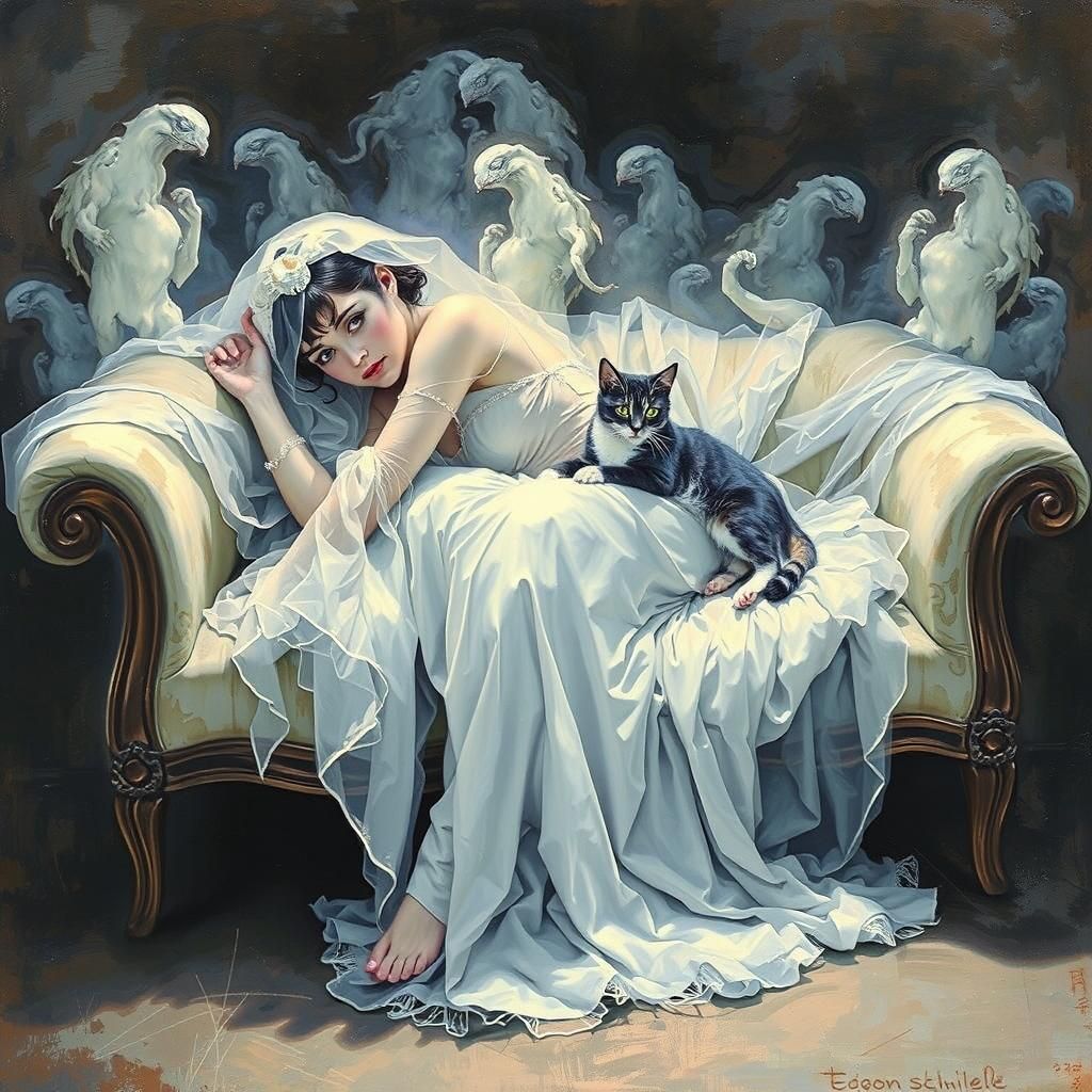 Ethereal Woman with Cat Reclining on Settee