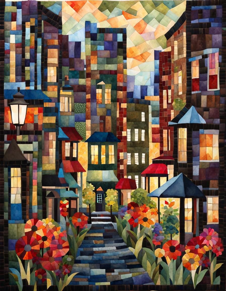 Mosaic Amish Quilt Cityscape in Watercolor Style