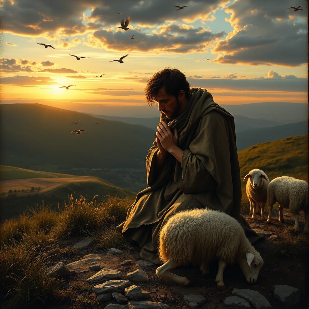 Young Shepherd in Prayer on Windswept Hillside