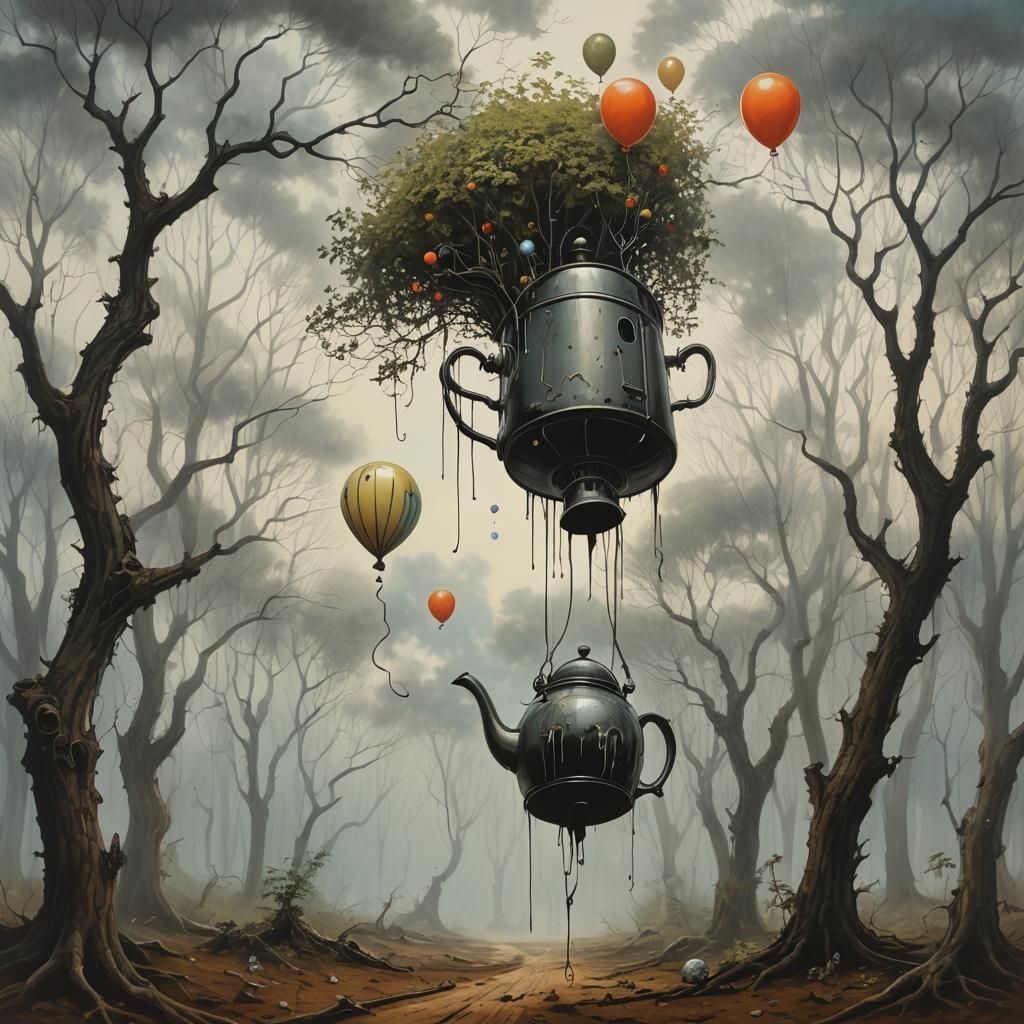 Surreal Forest Scene with Floating Smile, Dali Style