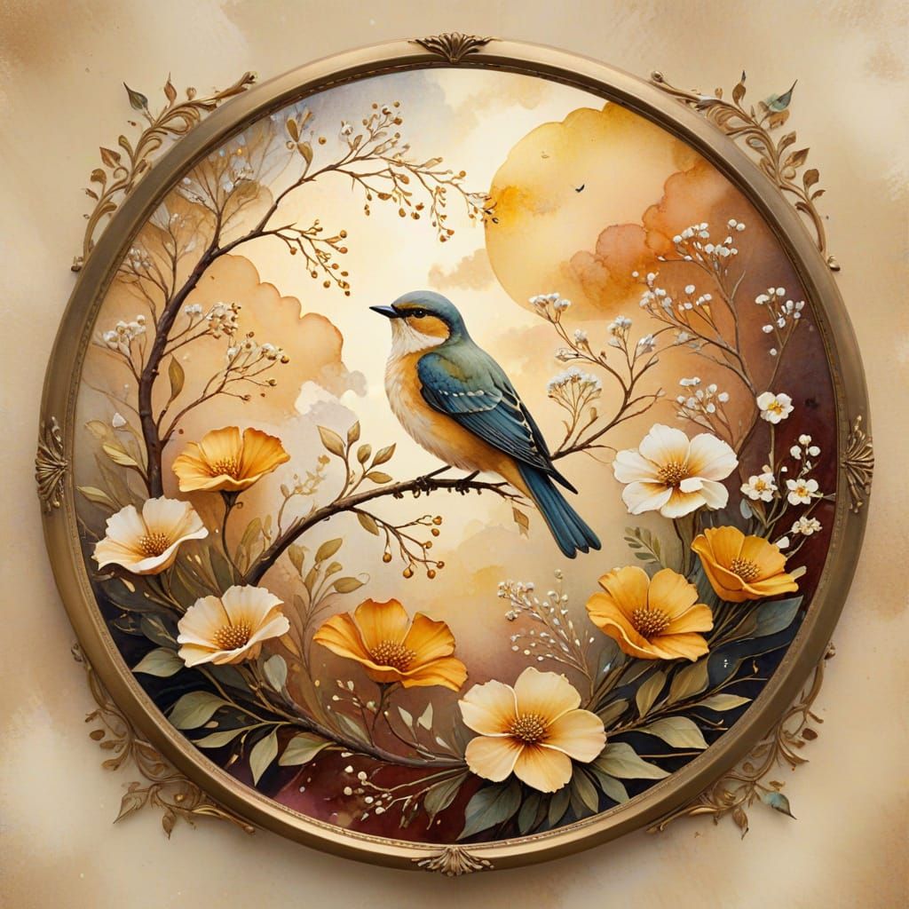 Art Nouveau Watercolor of Floral Design with Bird