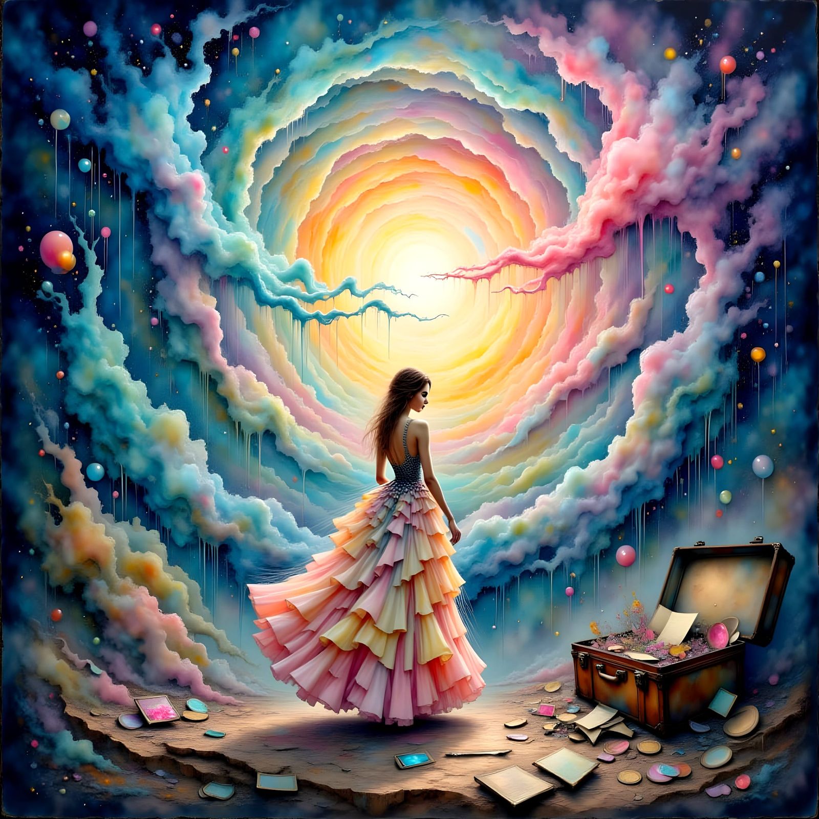 Cosmic Treasure Emanating from an Open Suitcase in Pastel Hu...