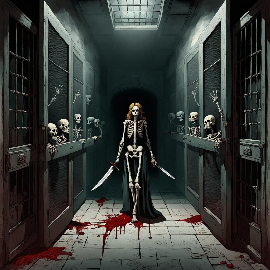 Horror Hallway with Bloody Knife in Doré Style