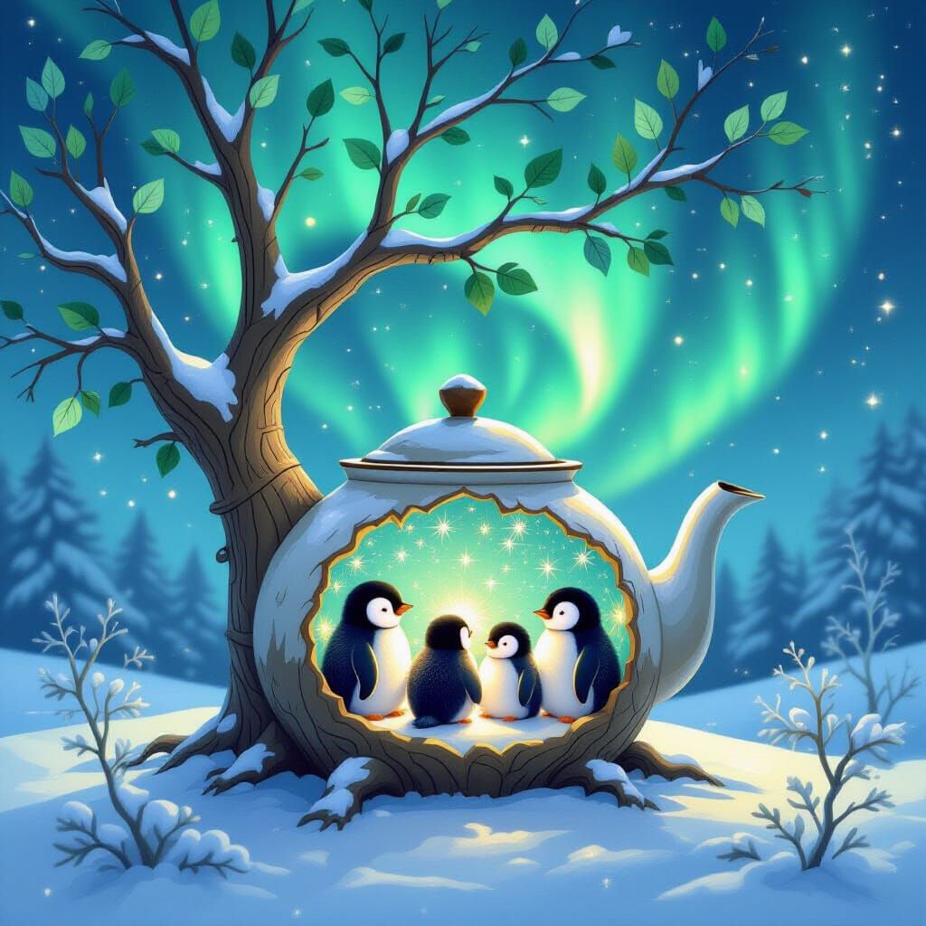 Whimsical Tree Teapot with Penguins and Northern Lights