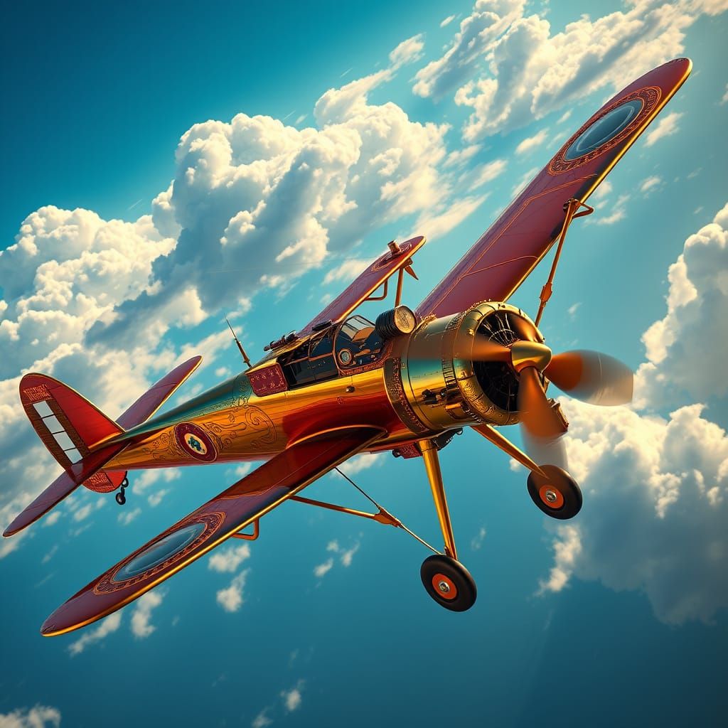 Steampunk Biplane Soars in Golden Light