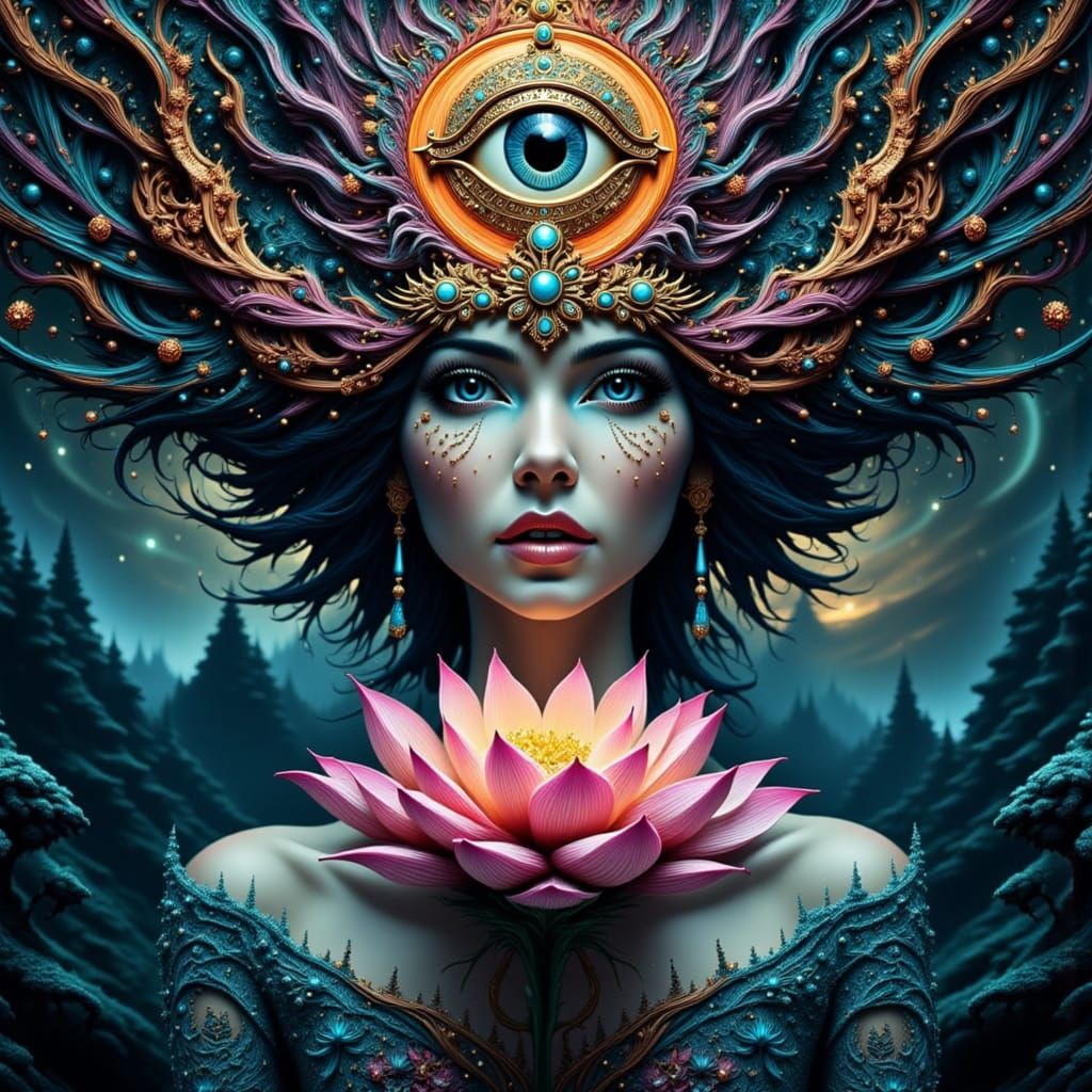 Surreal Lotus Goddess in Cosmic Holographic Digital Painting