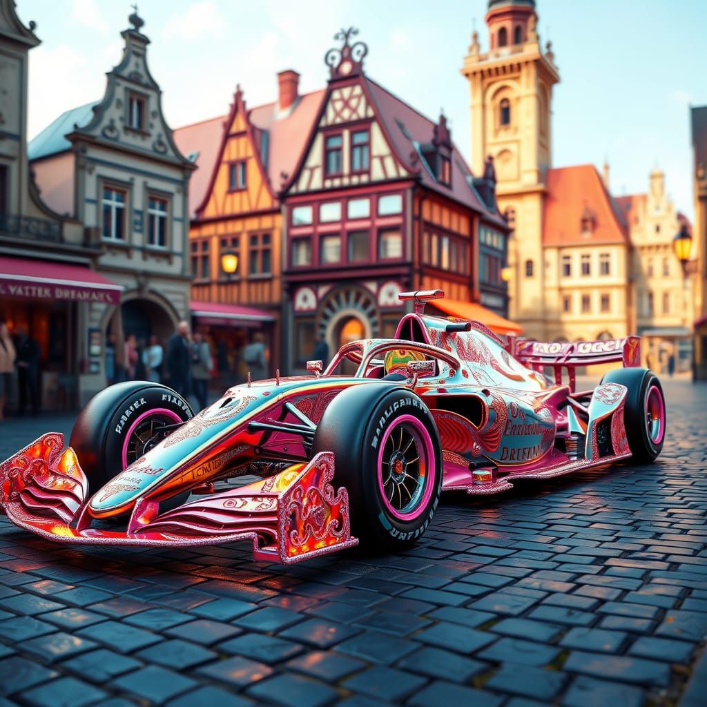 Iridescent Formula One Limousine in Whimsical German Town