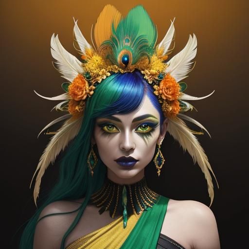 Peacock Haired Woman Portrait in Surrealist Style