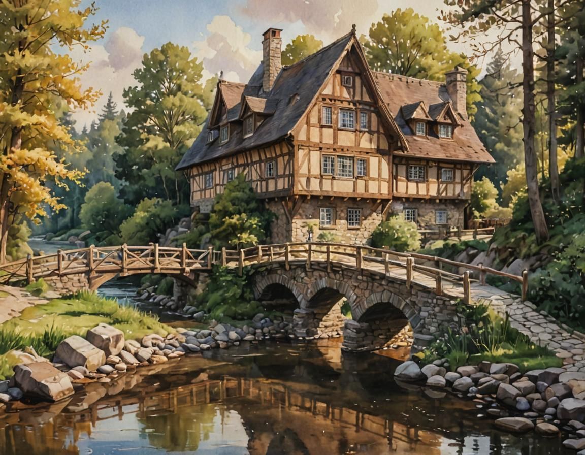 Watercolor Half-Timbered House by River
