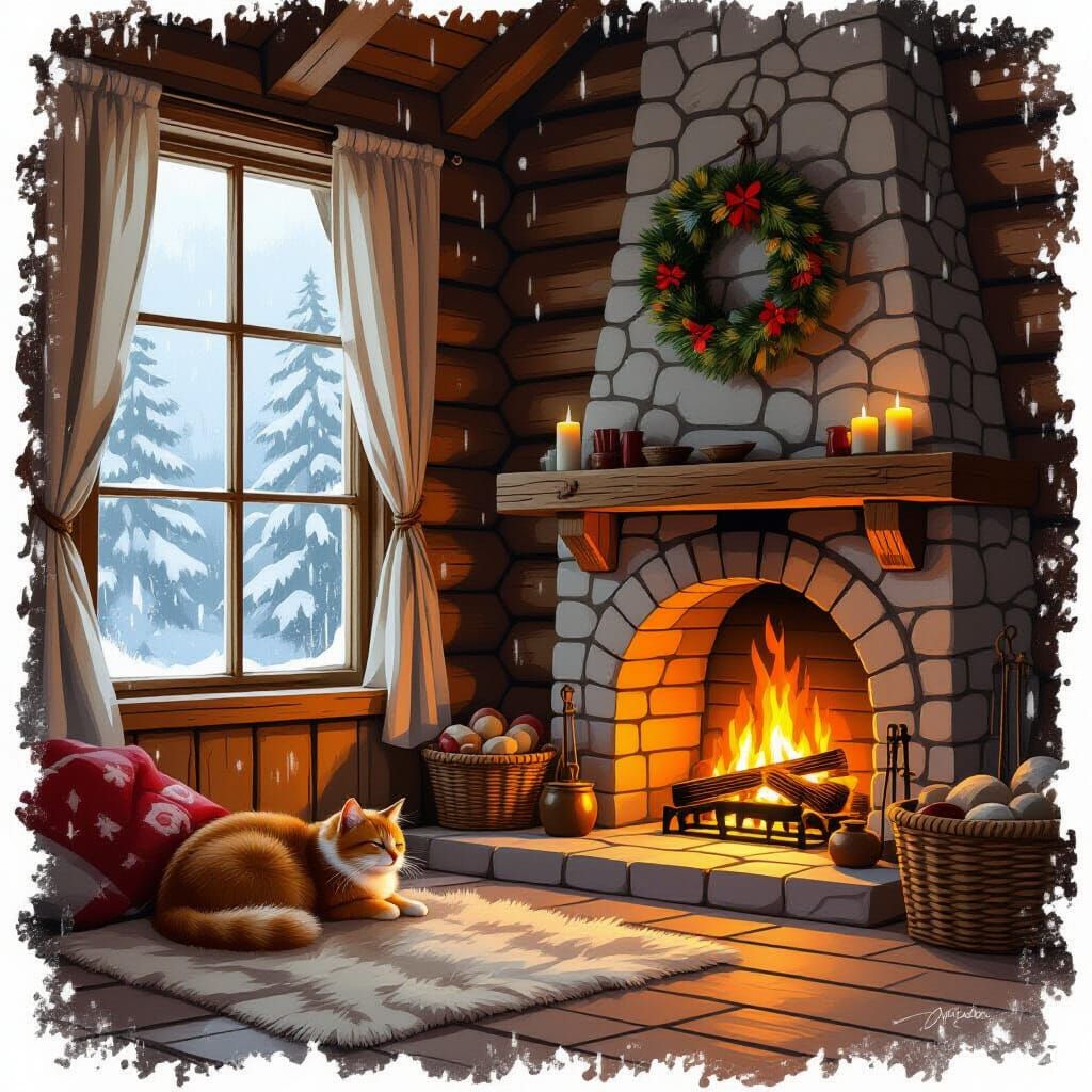 Cozy Cabin Interior with Fireplace and Cat