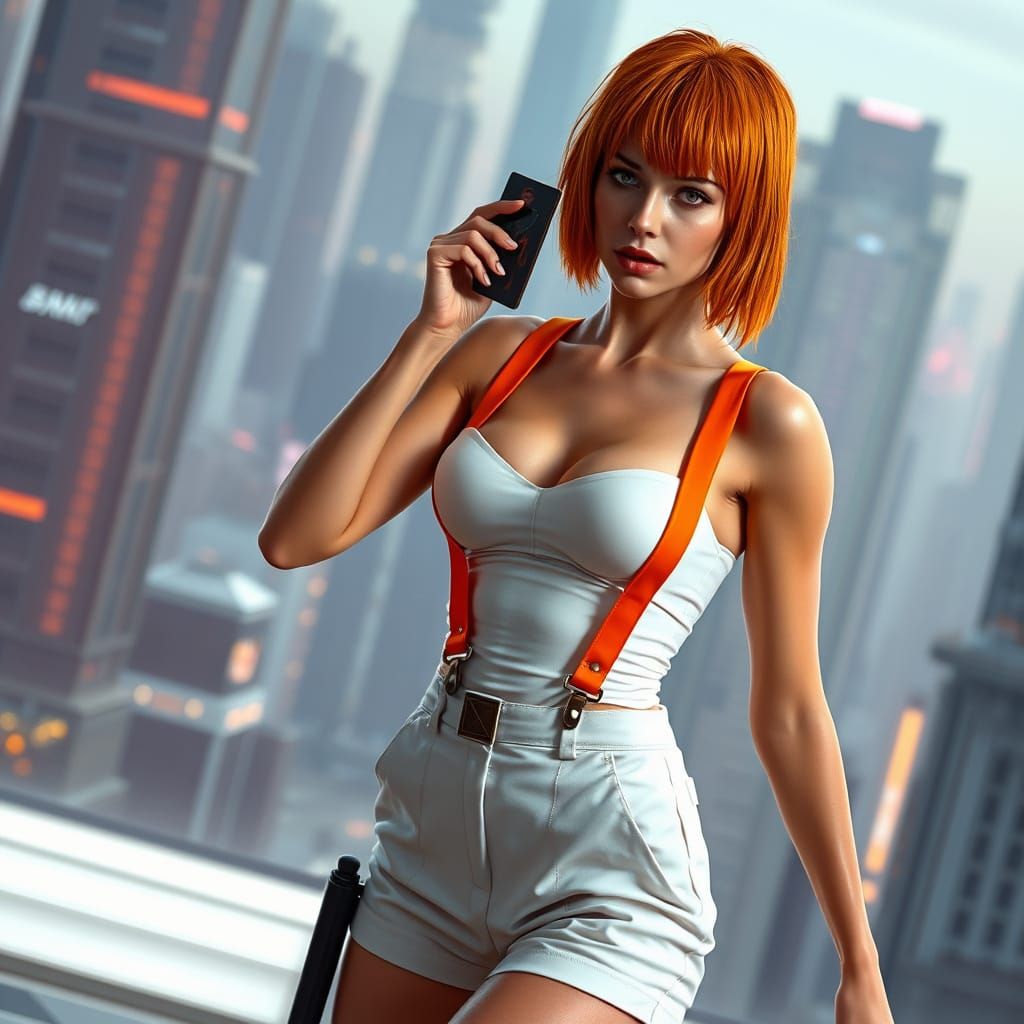 Full Body 3d realistic Photo Milla Jovovich as 5th Element Leeloo dressed in white bustier and orange 
Suspenders and wh...