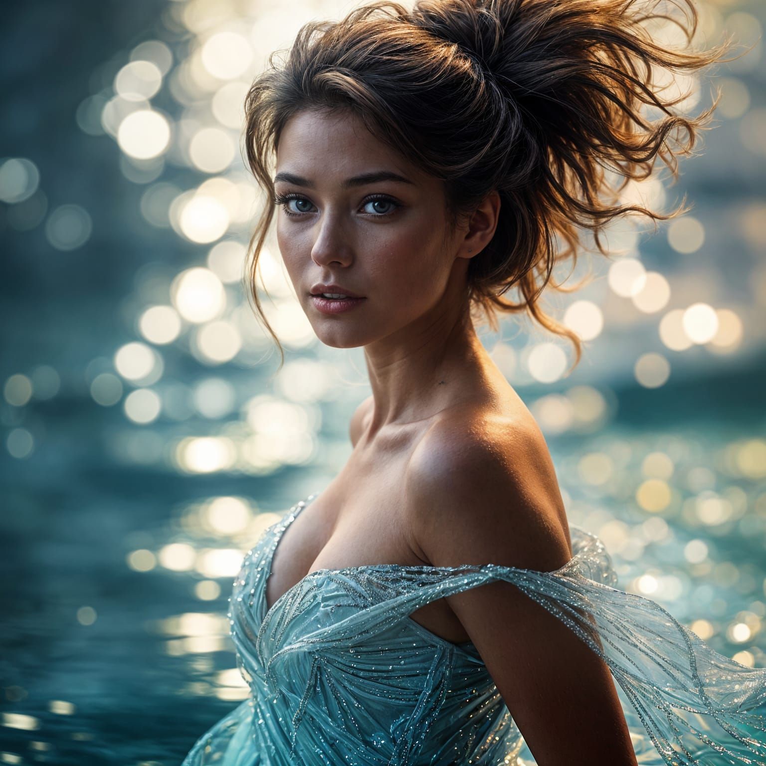 Hyperrealistic Goddess in Iridescent Water Gown