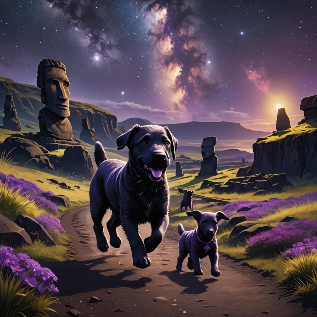 Puppy Runs Under Starry Sky, Dark Fantasy Art