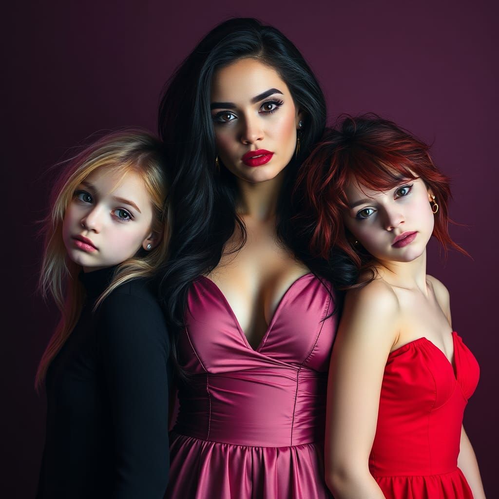 Gothic Portrait of Three Women in Synthwave Style