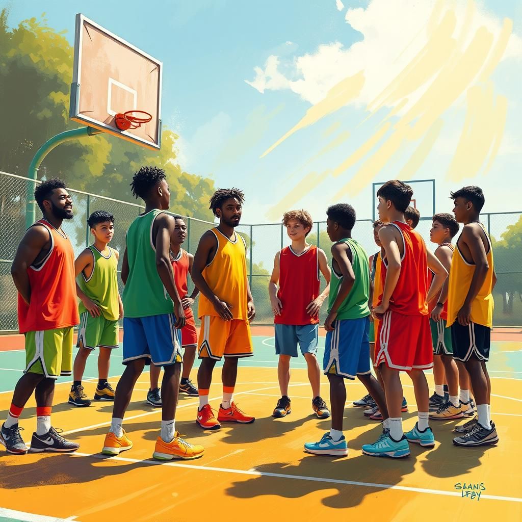 Youth Basketball Team Training in Naive Art Style
