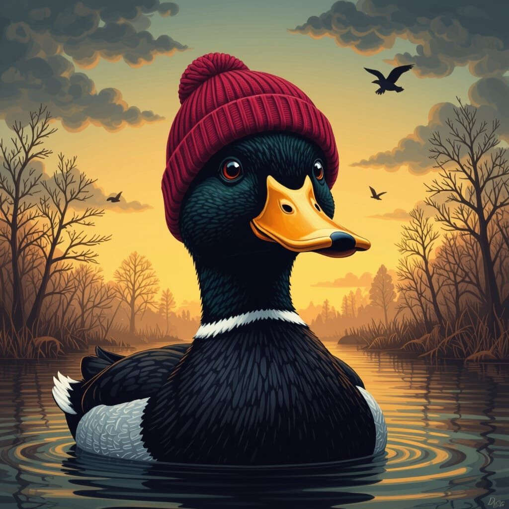 Confused Black Duck in Beanie, Surreal Digital Art