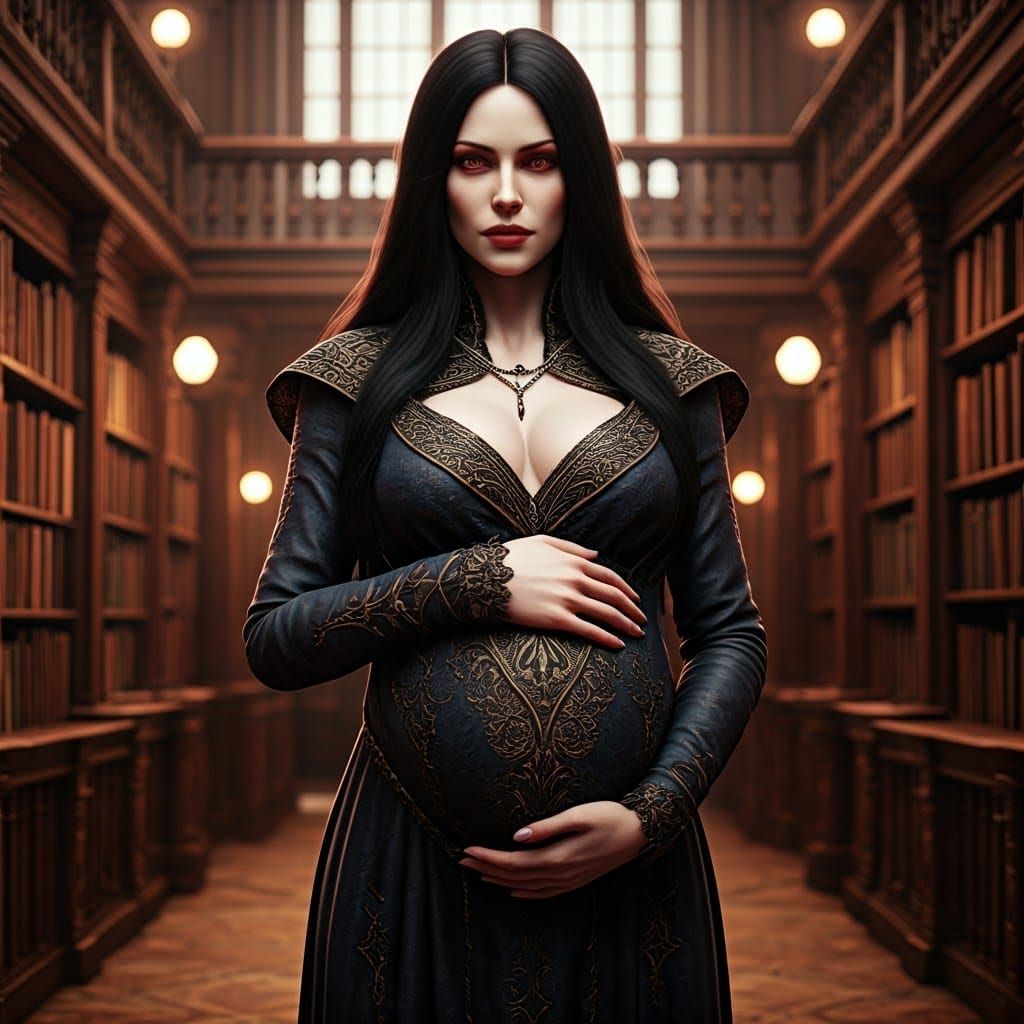 Elegant Deity in Library, Dystopian Futurism Style