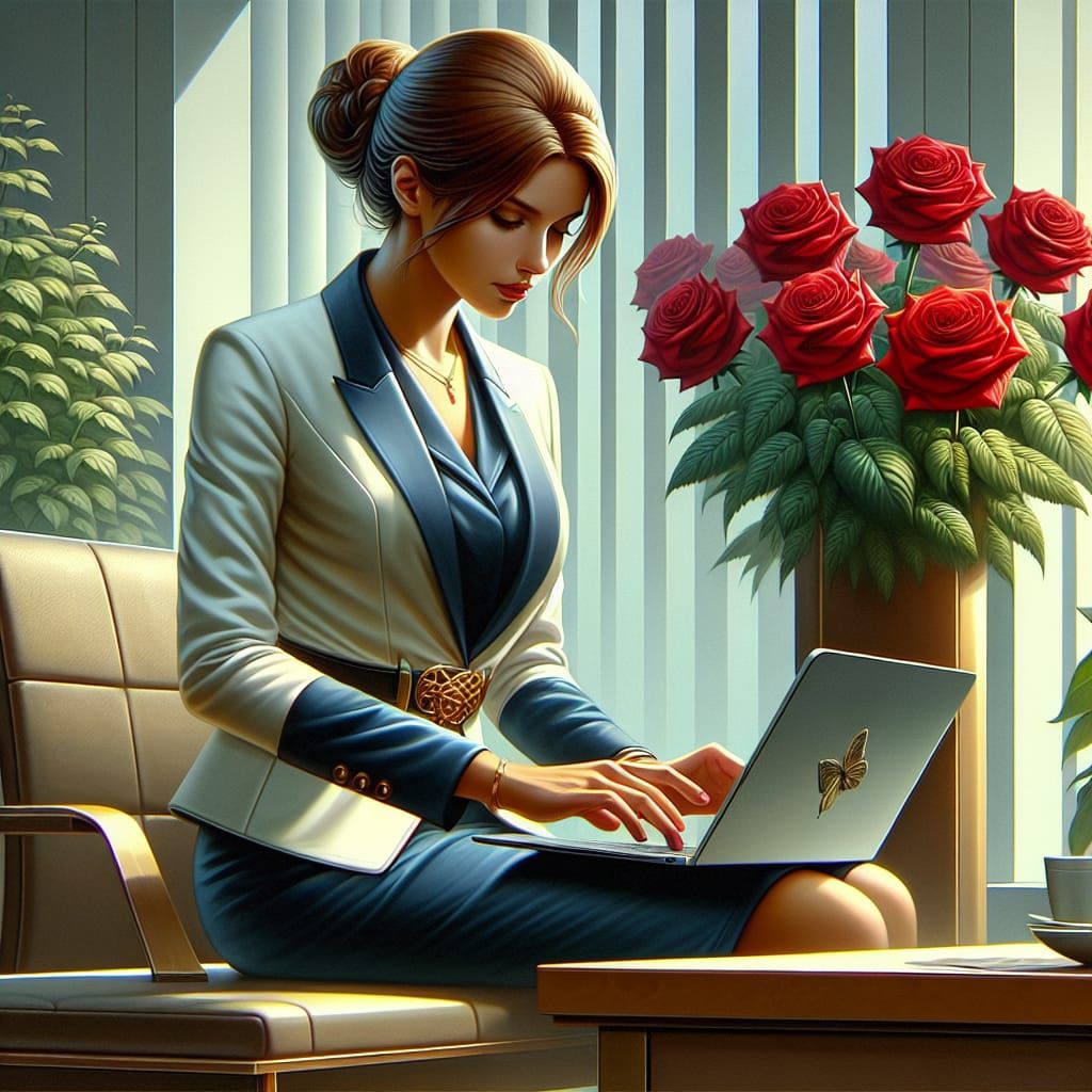 Woman in White and Navy Suit at Work