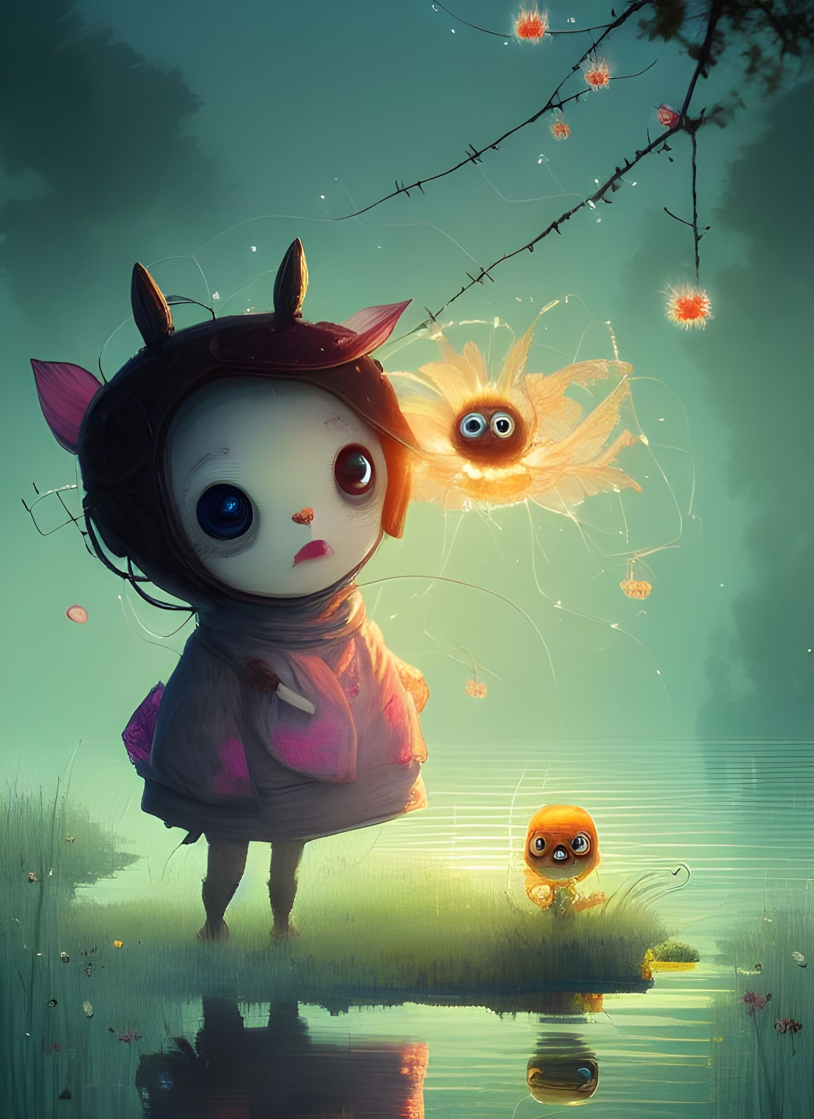 Cute Flower Spirit Portrait with Fireflies