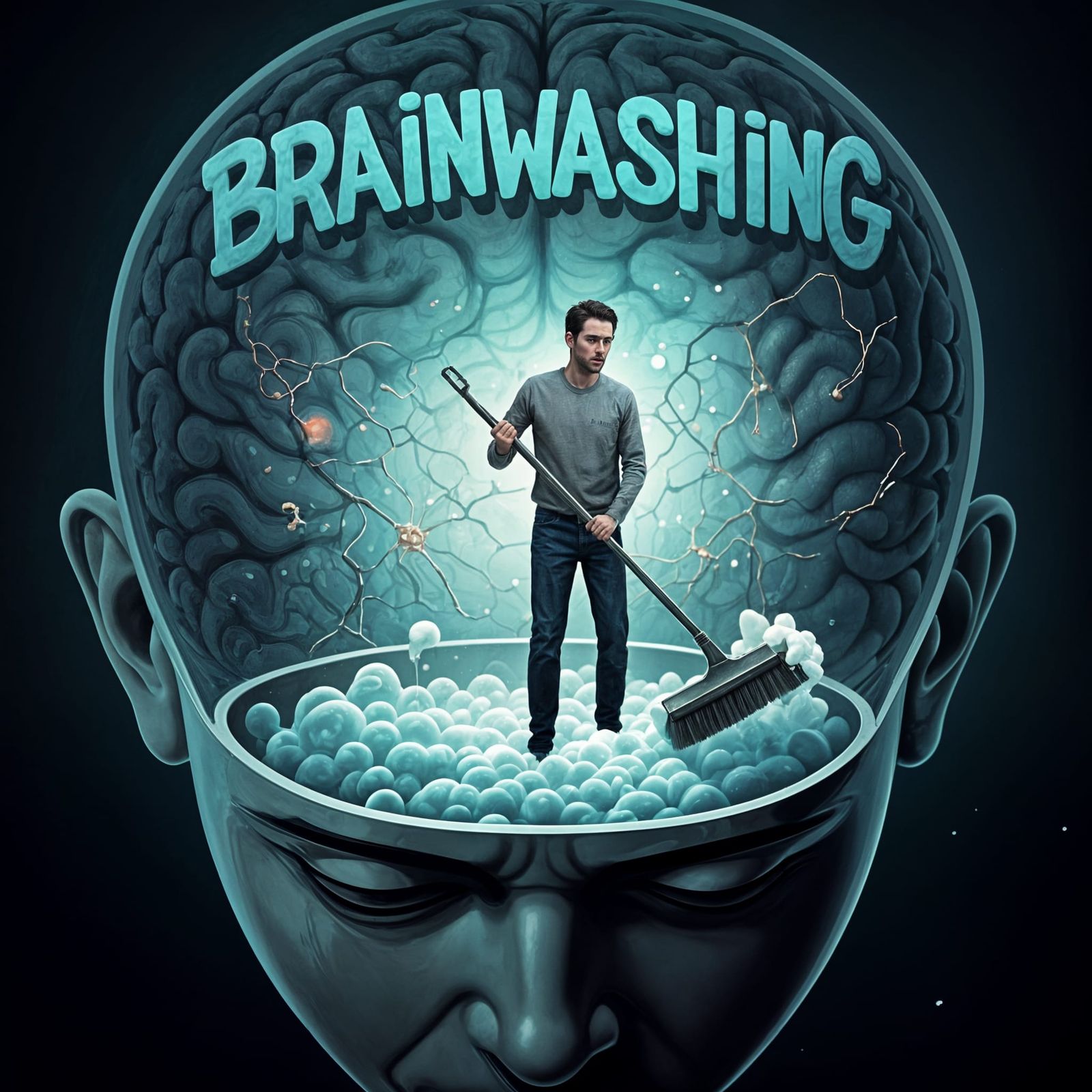 Surreal Brainwashing Scene with Miniature Man