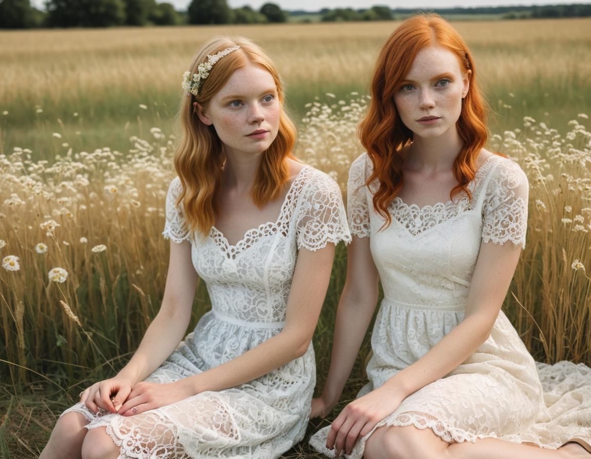 Two Women in Lace Dresses Sitting in Field