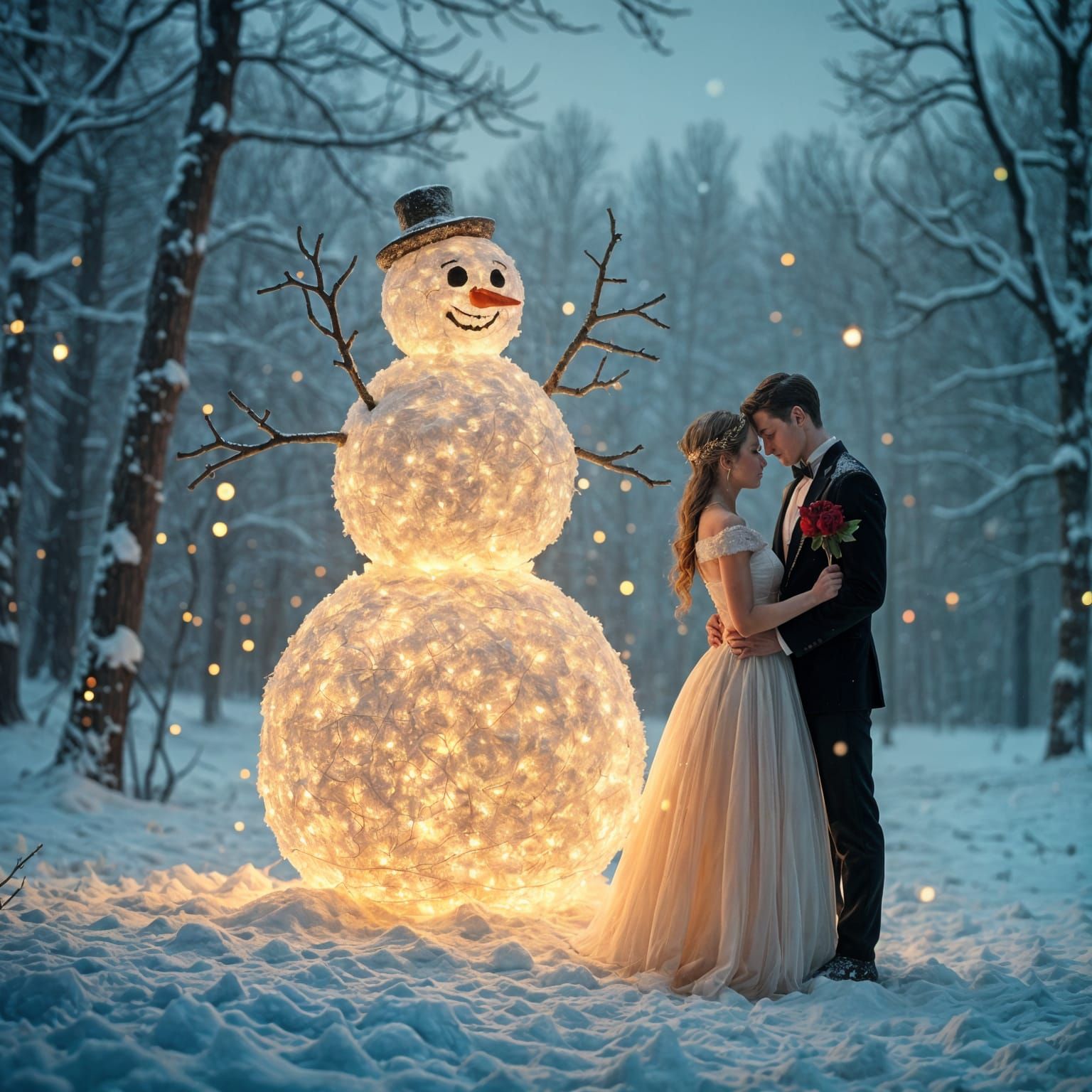 Winter Romance: Majestic Snowman Amidst Christmas Lights and...
