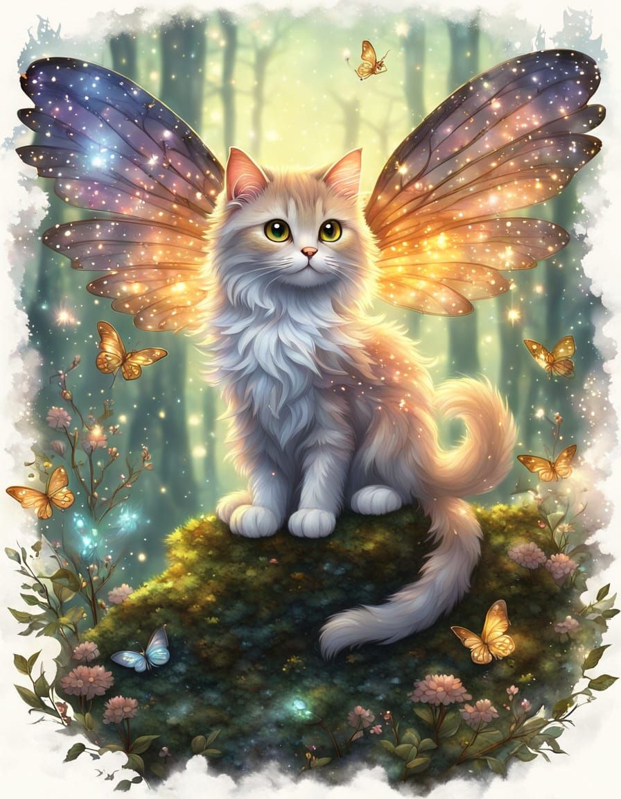 Fairy-Cat Hybrid in Enchanted Forest, Fantasy Art