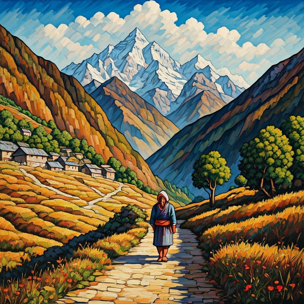 Nepalese Villagers in Himalayan Landscape, Post-Impressionis...