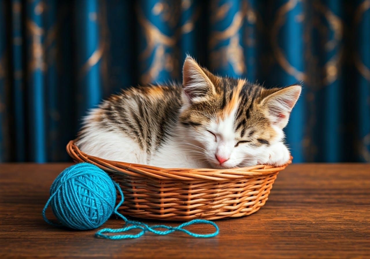 Fluffy Calico Kitten in a Cozy Wicker Basket