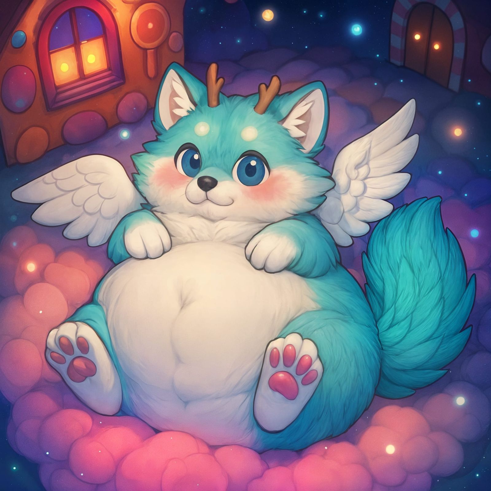 Adorable Obese Wolf Lounging in Candy House