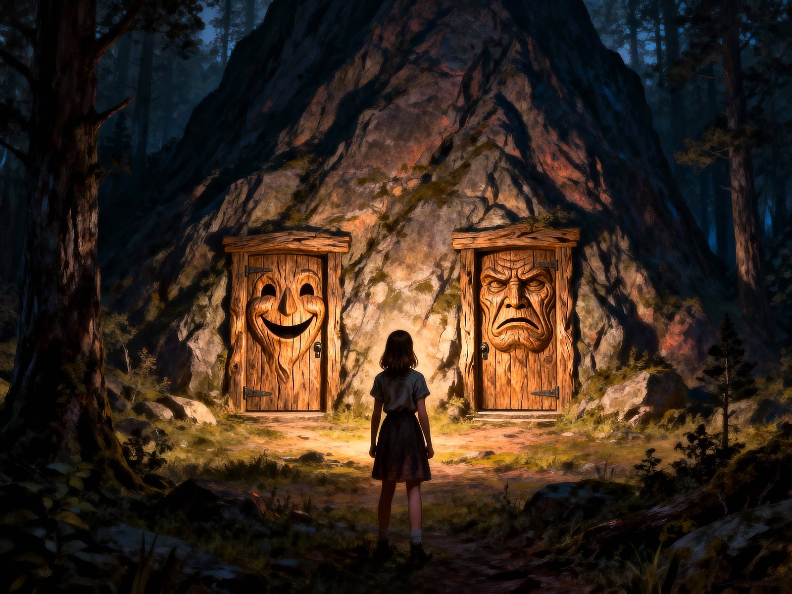 Fantasy Girl Faces Two Giant Mountain Doors