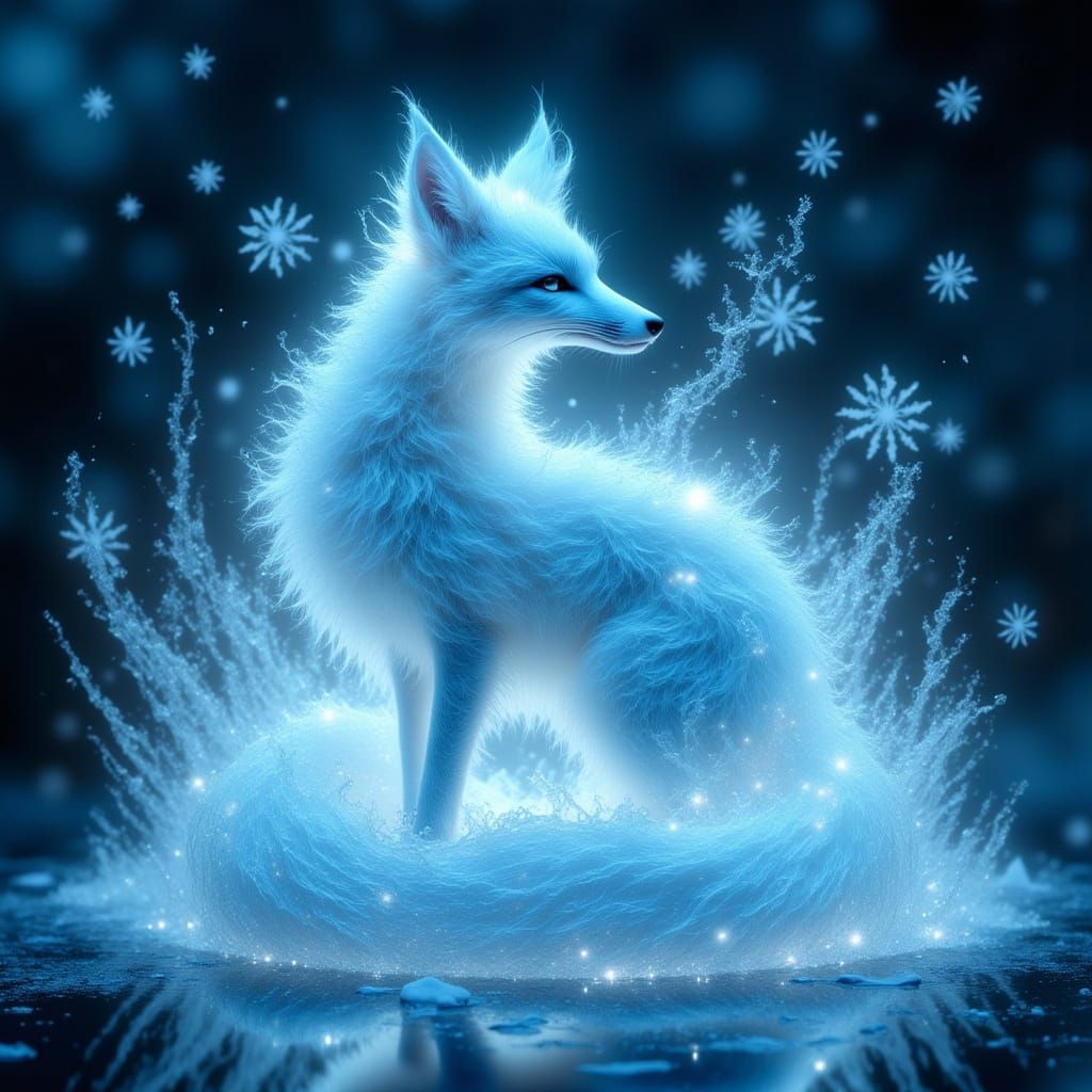 Graceful Ice Fox with Flowing Water and Bioluminescent Glow